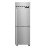 The Hoshizaki F1A-HS Steelheart Series Freezer is a commercial stainless steel, reach-in freezer with two doors, a digital control panel on the upper right, top ventilation grilles, and four caster wheels for easy mobility. The exterior is smooth and industrial.