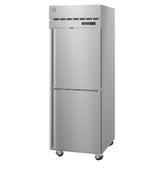 A tall, stainless steel Steelheart Series Freezer with two doors, digital temperature display, ventilation slots on top, and four caster wheels at the base for mobility. Its sleek and functional design is perfect for industrial kitchen use.