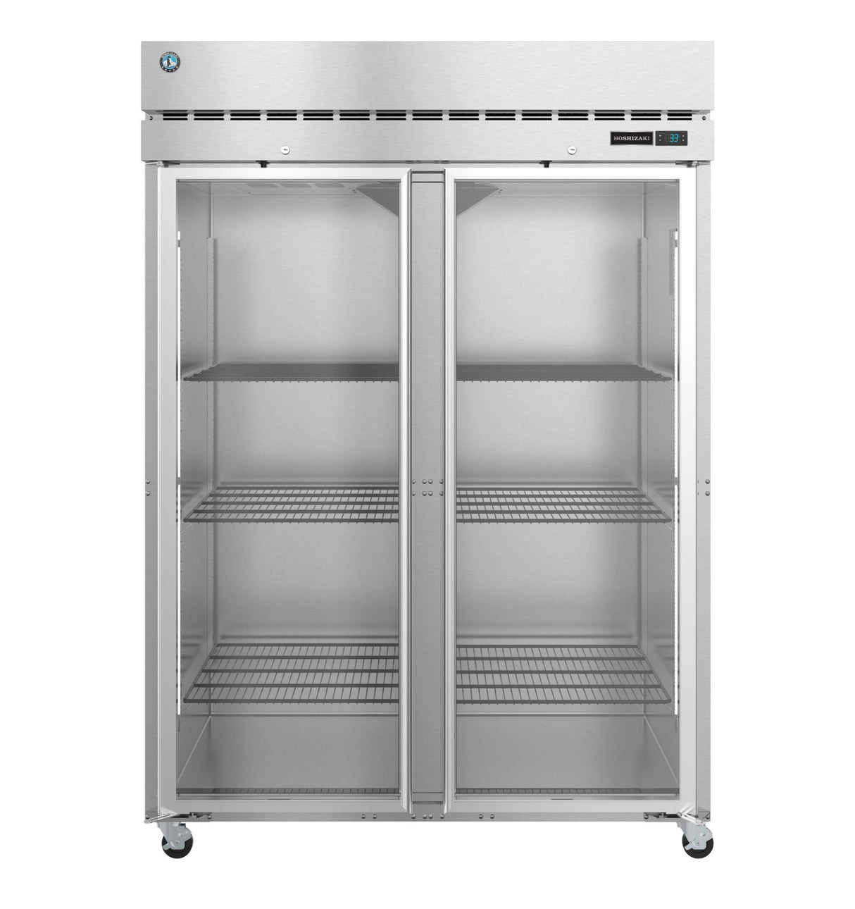 A commercial Steelheart Series Freezer with double glass doors, six wire shelves, and caster wheels. The top section features a vented panel and a digital display on the right. This reach-in freezer’s interior is empty for flexible storage.