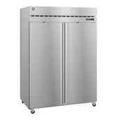 A large Steelheart Series Freezer with two tall doors, vertical handles, and wheels for mobility. The stainless steel reach-in freezer features a small control panel and digital display on the upper right, showcasing a modern, industrial design.