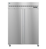 A large commercial Steelheart Series Freezer, double-door and stainless steel, on caster wheels. Features vent slots at the top, a digital display on the upper right, and two vertical handles running the length of each door.