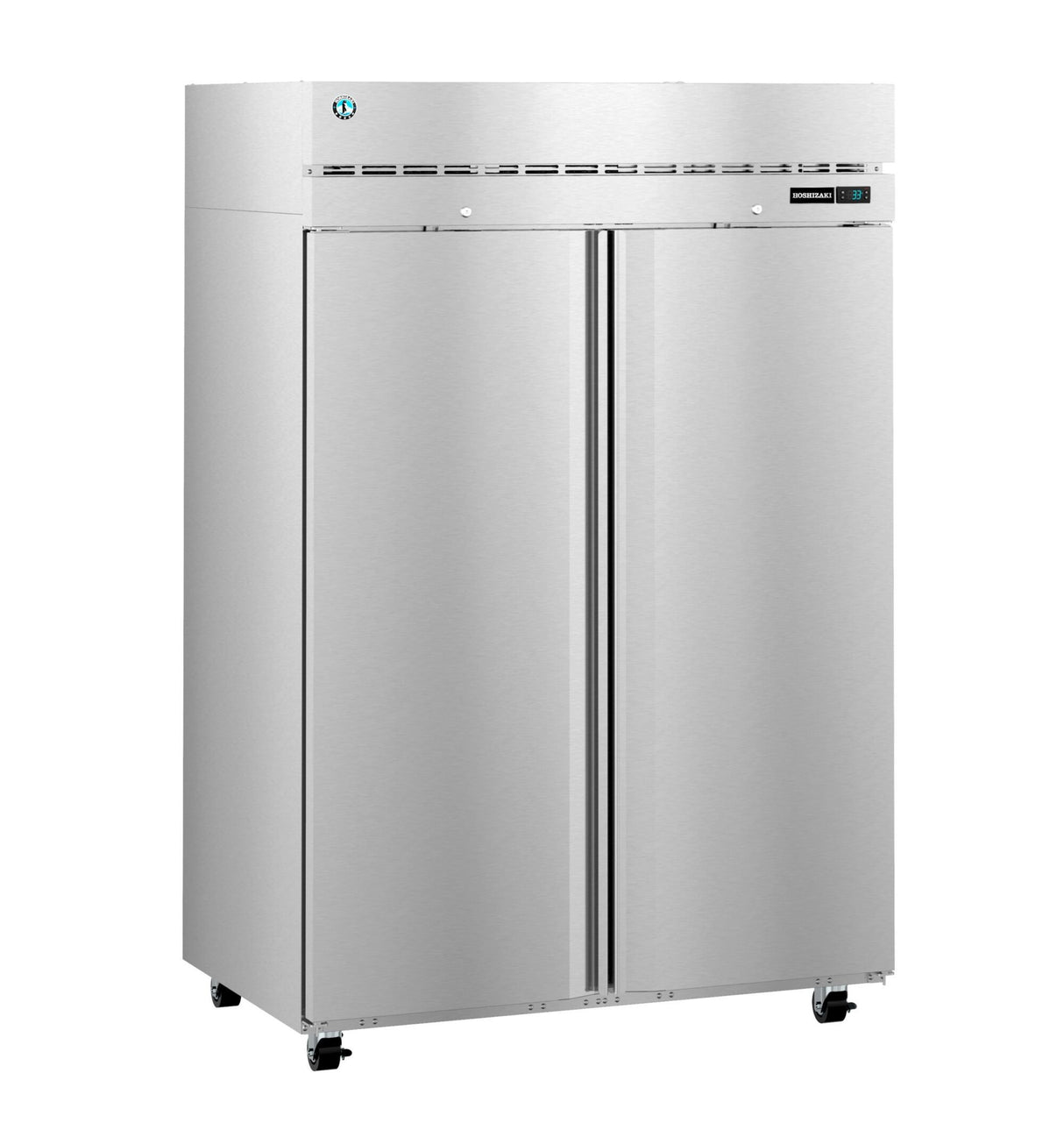 A large, stainless steel, double-door reach-in commercial refrigerator stands on four small wheels. The fridge features a vented panel above the doors, a digital temperature display on the right, and long vertical handles down each center.