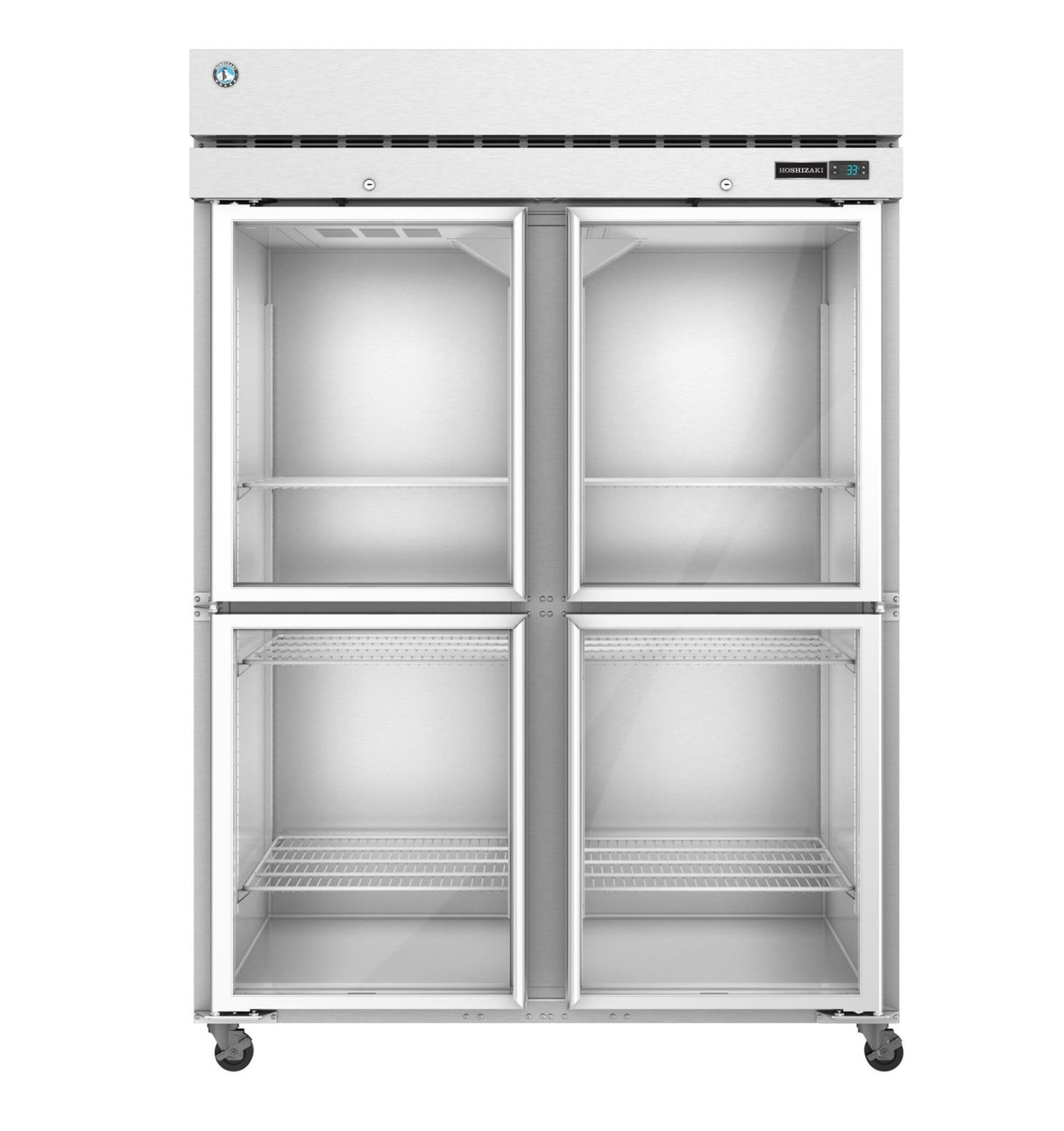 A large, industrial Hoshizaki Steelheart Series Freezer with four glass doors—two on top, two below. This reach-in freezer features empty shelves inside, wheels for mobility, and a digital control panel on the upper right side.