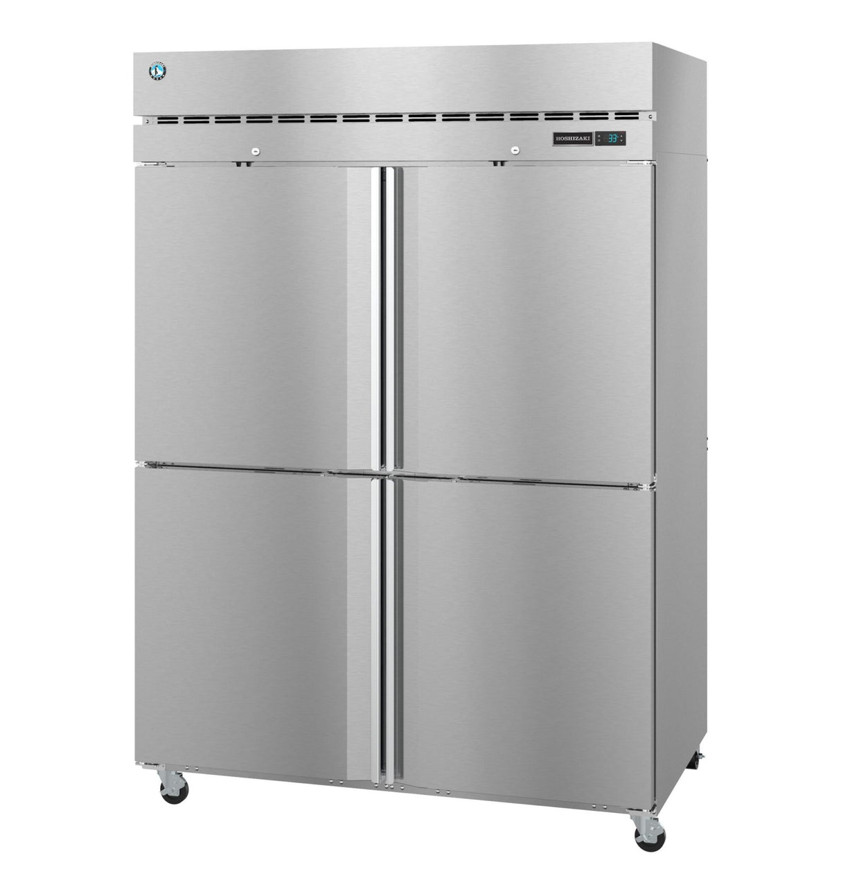 A large, commercial Hoshizaki Steelheart Series Freezer with four doors on wheels. The top section features a vented panel and a small digital control panel. This sleek, industrial reach-in freezer is ideal for kitchens or restaurants.