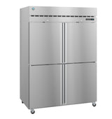 A large, industrial Hoshizaki Steelheart Series Freezer with four doors, a digital control panel, ventilation grille at the top, and wheels for mobility. The sleek, metallic reach-in freezer exterior looks clean and modern.