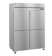 A large, industrial Hoshizaki Steelheart Series Freezer with four doors, a digital control panel, ventilation grille at the top, and wheels for mobility. The sleek, metallic reach-in freezer exterior looks clean and modern.