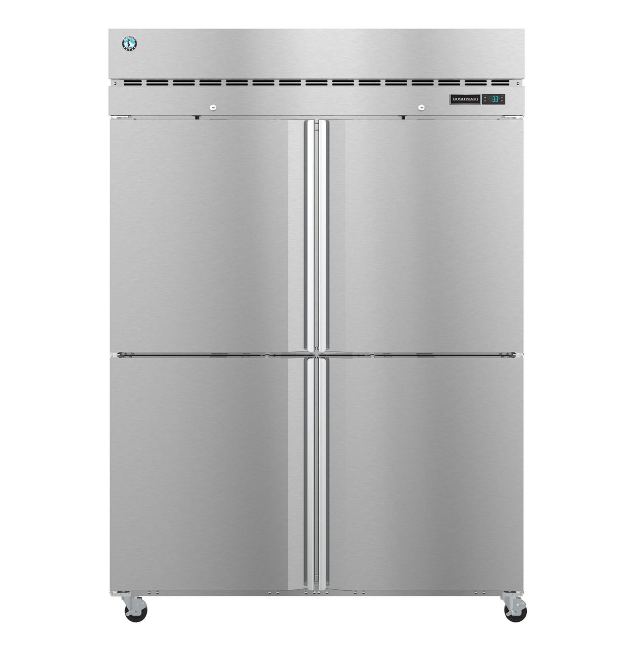 A large, industrial Hoshizaki Steelheart Series Freezer with four doors, a small digital display, vent slots at the top, and caster wheels for mobility. Its smooth, reflective surface creates a professional reach-in freezer look for any kitchen.