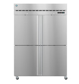 A large, industrial Hoshizaki Steelheart Series Freezer with four doors, a small digital display, vent slots at the top, and caster wheels for mobility. Its smooth, reflective surface creates a professional reach-in freezer look for any kitchen.