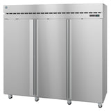 A large, stainless steel commercial freezer with three vertical doors, each featuring a long handle. The reach-in freezer stands on caster wheels, has a vented panel along the top, and a digital control panel on the upper right.