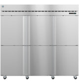 A large commercial Steelheart Series Freezer with three vertical doors, each with a sleek handle. This stainless steel freezer sits on six wheels for easy mobility and features a small digital control panel on the top right.