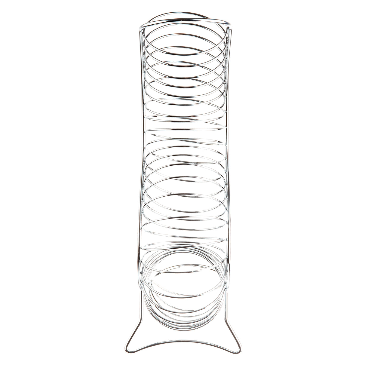 A tall, vertical, chrome plated fruit basket wire rack designed to hold cylindrical items like coffee pods. Its rounded, spiral structure with an open front ensures easy access, while the stable base and evenly spaced coils offer a sleek, minimalist look.