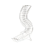 A silver metal slinky toy is twisted into an upright, curving S-shaped spiral, resembling a chrome plated fruit basket, against a plain white background. The stretched coils form a dynamic and abstract sculptural shape.