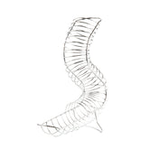 A silver metal slinky toy is twisted into an upright, curving S-shaped spiral, resembling a chrome plated fruit basket, against a plain white background. The stretched coils form a dynamic and abstract sculptural shape.