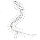 A chrome plated fruit basket with a winding, S-shaped structure and evenly spaced, spiked prongs along both sides. Photographed on a white background, this TableCraft Products Meranda Fruit Basket exudes a clean and modern look.