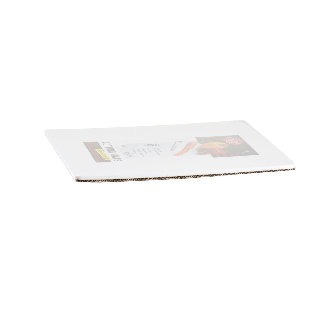 A single rectangular sheet of white corrugated polyethylene plastic with a laminated instruction label on top, photographed from a low angle on a white background. The item is thin and slightly bent, with the edges and layered structure visible.