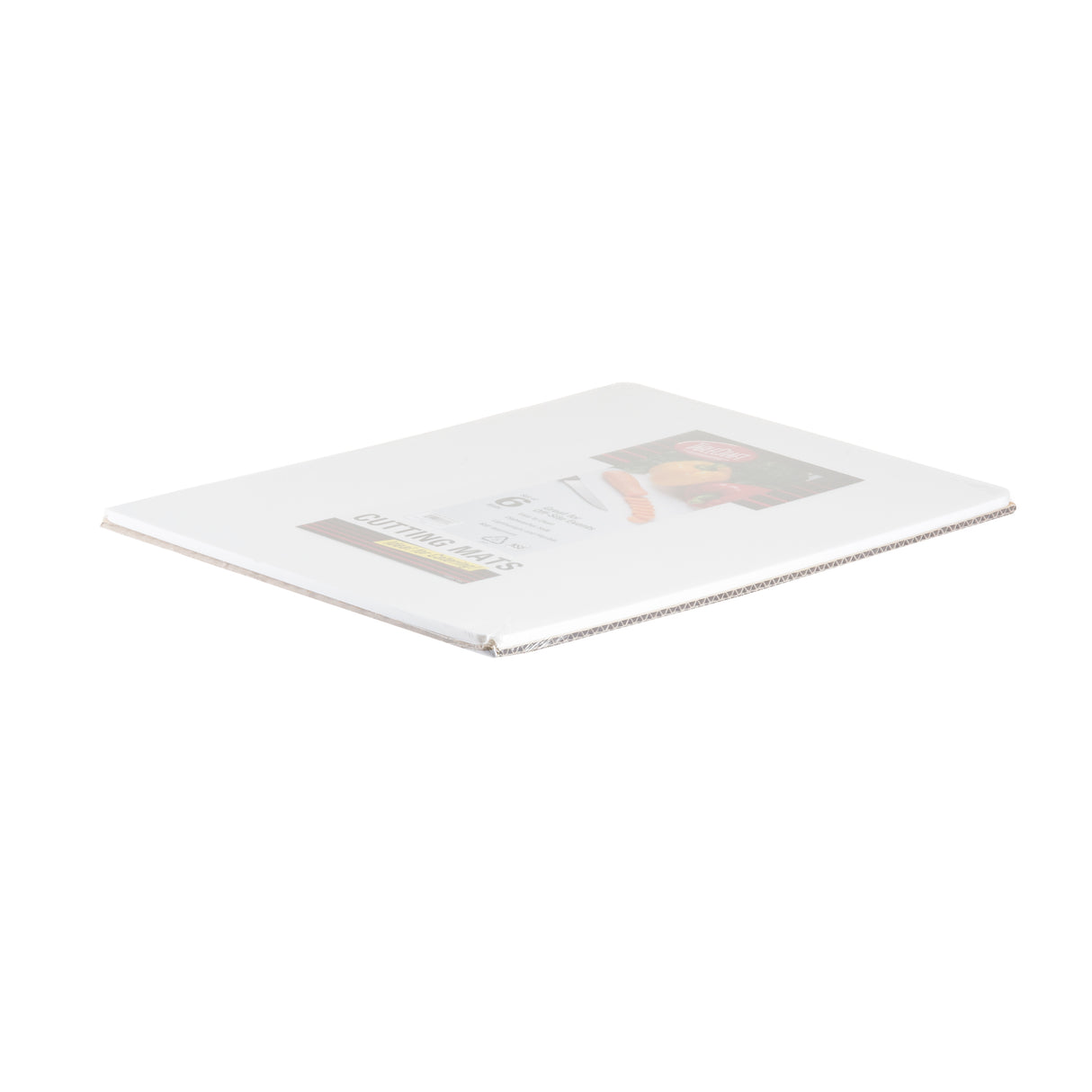 A single white polyethylene cutting mat lies flat on a white background. The thin mat, packaged in plastic, features a label with food and knives illustrations, highlighting its kitchen use and that it is dishwasher safe for easy cleaning.