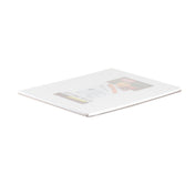 A single white polyethylene cutting mat lies flat on a white background. The thin mat, packaged in plastic, features a label with food and knives illustrations, highlighting its kitchen use and that it is dishwasher safe for easy cleaning.