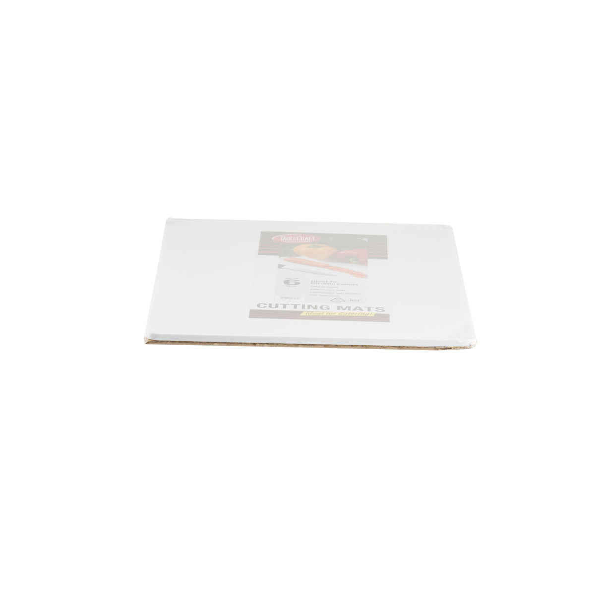 A white flexible cutting mat made of polyethylene is packaged in clear plastic, lying flat on a white background. A label with a sliced apple is visible. The mat appears new, unused, and is likely dishwasher safe for easy cleaning.