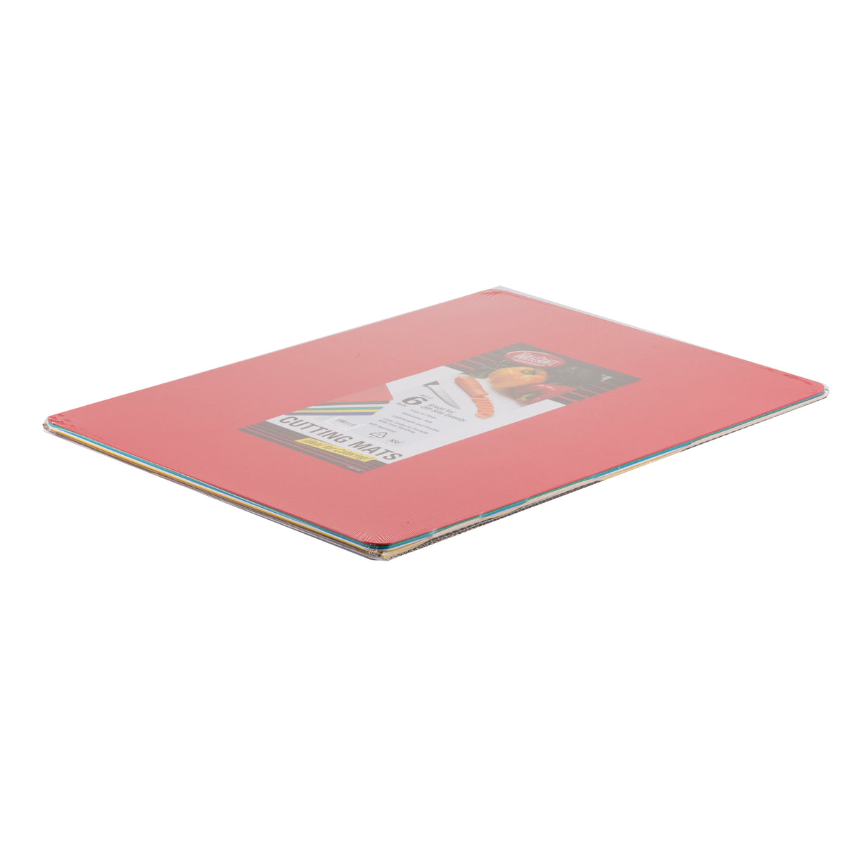 A rectangular red cutting mat, flexible and dishwasher safe, with a label showing kitchen utensils and vegetables, placed at an angle on a white background. Its thin, flat shape and slightly raised edges emphasize its sleek design.