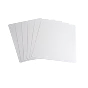 Six blank, rectangular white polyethylene sheets are fanned out on a white background. Each sheet, resembling a dishwasher safe cutting mat with rounded corners, is evenly spaced and slightly overlapping for a neat, organized arrangement.