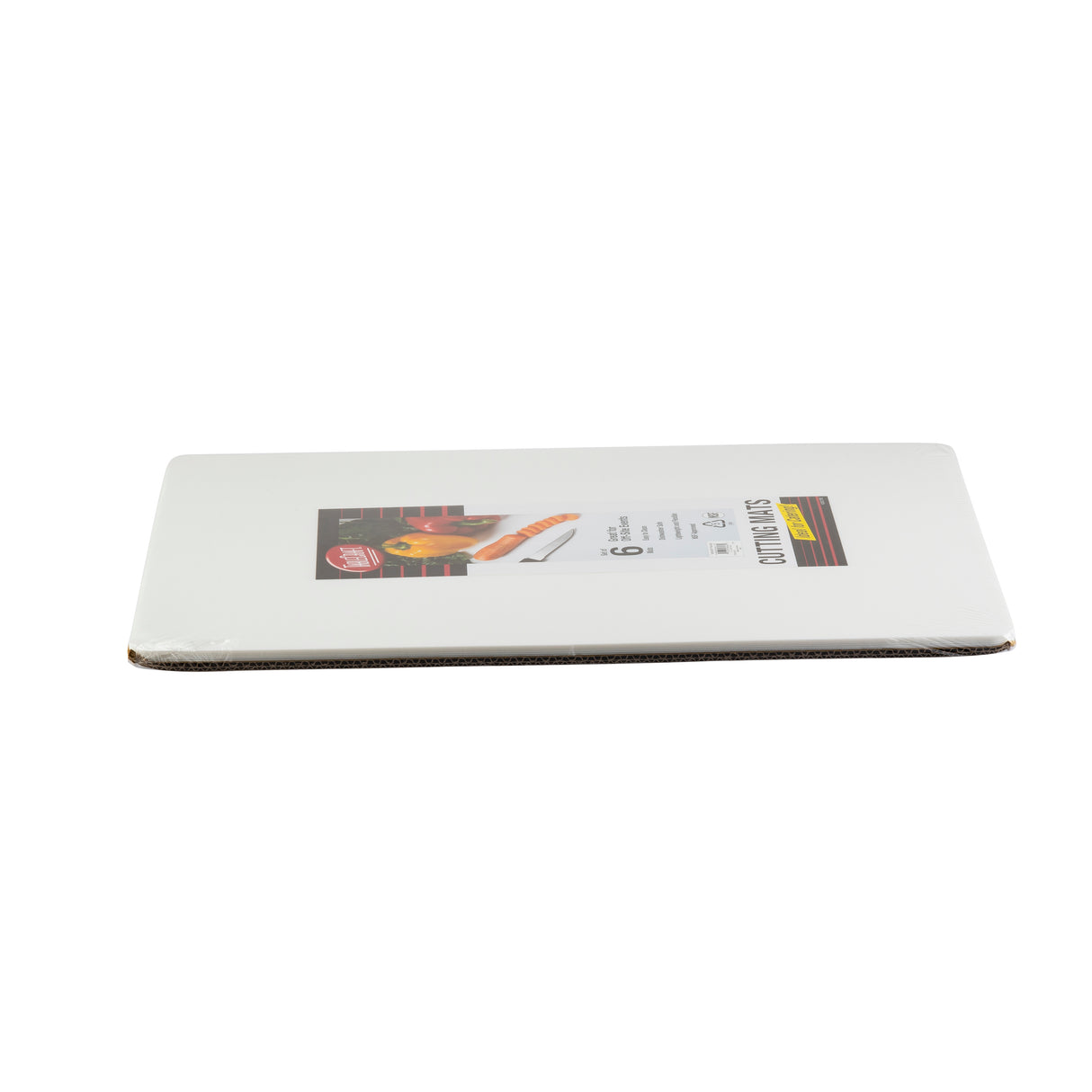 A white rectangular polyethylene cutting board is shown lying flat, with a product label on top displaying graphics and text, including an image of a sliced loaf and details like "dishwasher safe," all set against a plain white background.