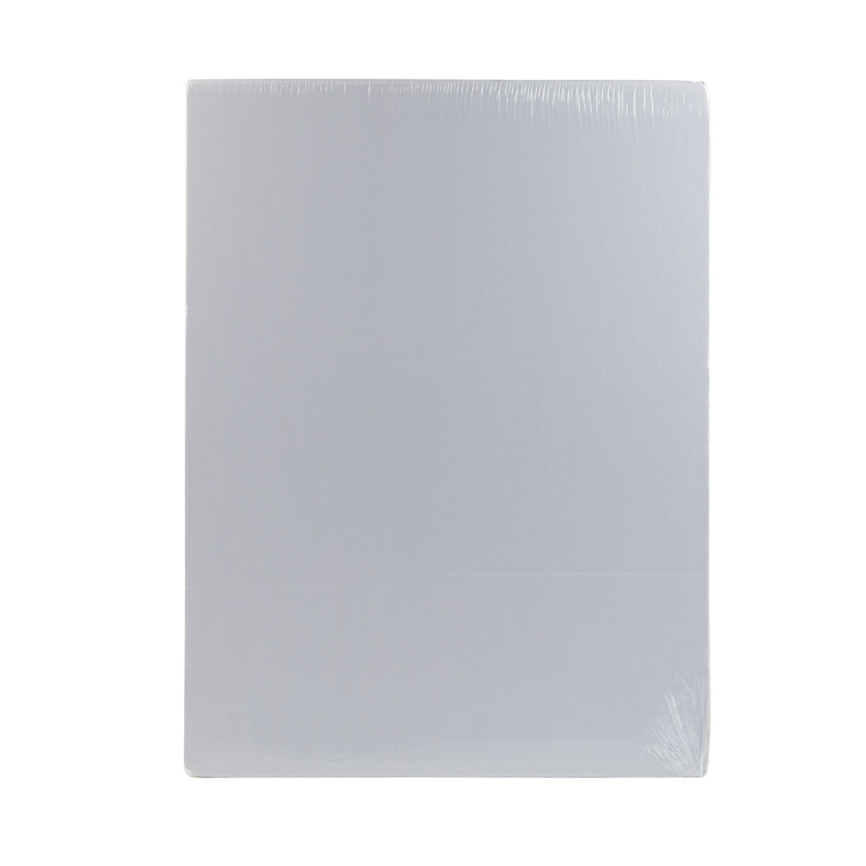 A plain, white rectangular object, possibly a sheet of polyethylene or a book, is wrapped in clear plastic. The surface appears smooth and unmarked, with minimal shadows, set against a white background.