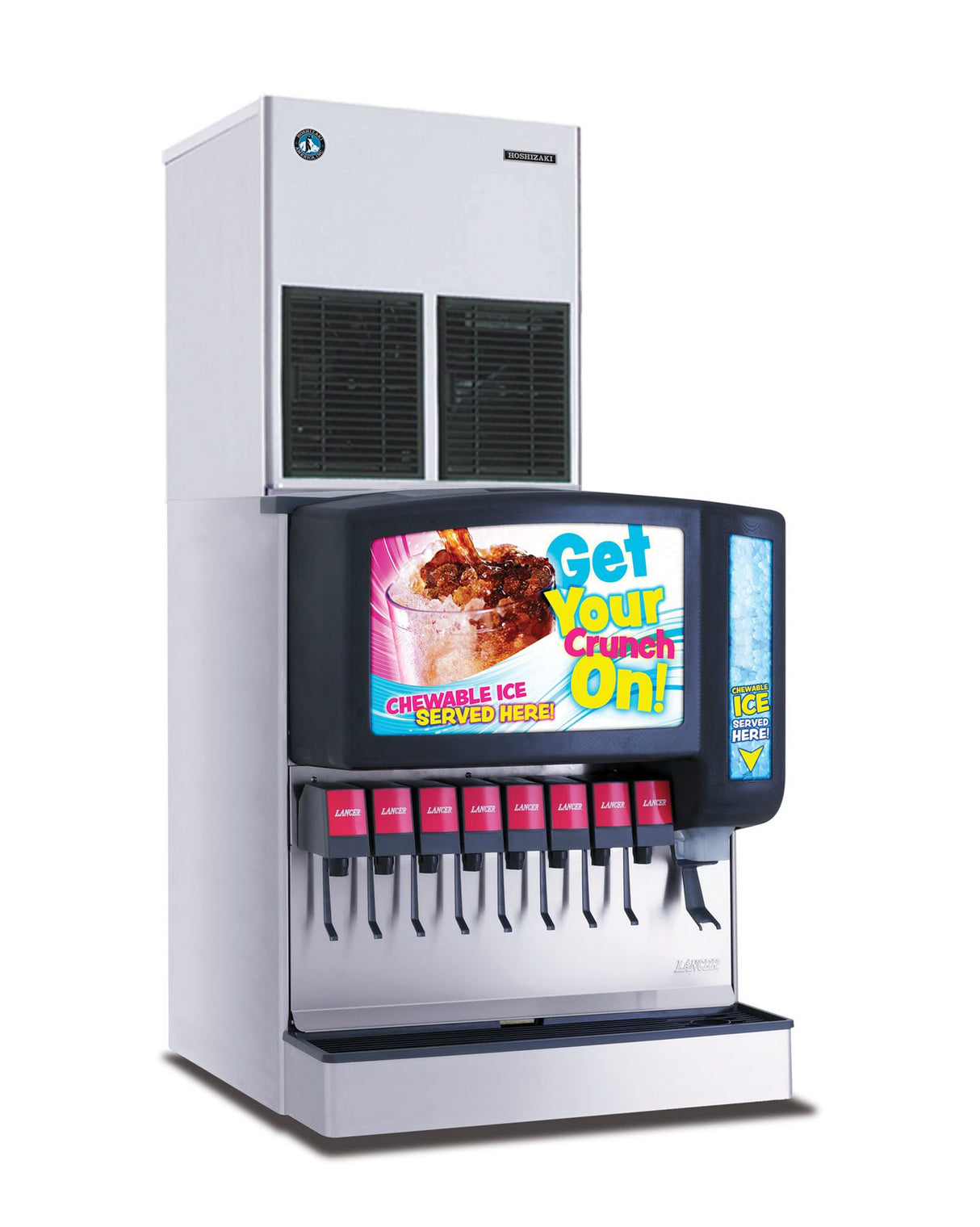 A commercial Hoshizaki ice and soda machine with eight drink dispensers, a blue ice chute, and a large colorful "Get Your Crunch On!" sign featuring a glass filled with cubelet ice and a refreshing drink.