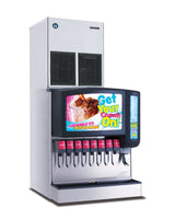 A commercial Hoshizaki ice and soda machine with eight drink dispensers, a blue ice chute, and a large colorful "Get Your Crunch On!" sign featuring a glass filled with cubelet ice and a refreshing drink.