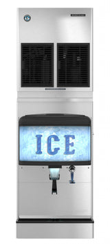 A commercial Ice & Water Dispenser with a stainless steel exterior, 200-lb. ice capacity, lit “ICE” display above visible ice, top vents, dispensing lever, blue push button, and small front spout.