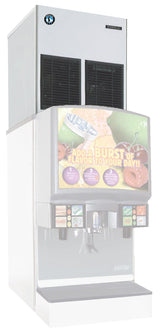 Large, commercial beverage dispenser with a Hoshizaki ice maker on top. The front features colorful images of drinks and fruit with the slogan Add a burst of flavor to your day! Multiple dispensers below serve drinks over refreshing cubelet ice.