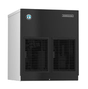 A freestanding Hoshizaki Cubelet-Style commercial ice maker with a stainless steel body and black front panel featuring two large air vents, the Hoshizaki logo in the top right, and a blue penguin certification badge on the upper left corner.