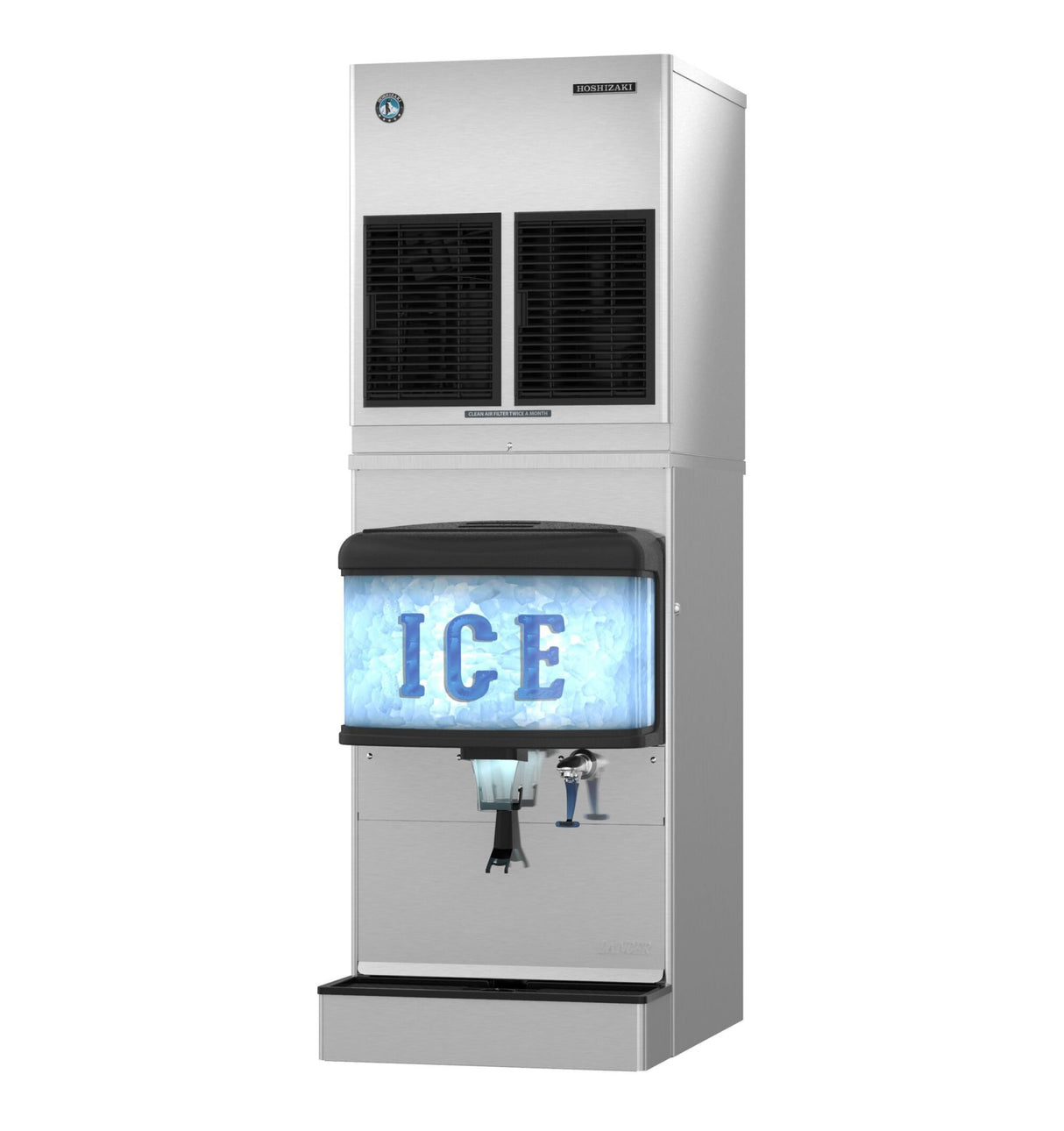 A commercial stainless steel Hoshizaki cubelet ice machine and water dispenser with a front panel displaying the word ICE in blue letters over an ice background. The unit has dispensing levers for water and ice below the illuminated panel.
