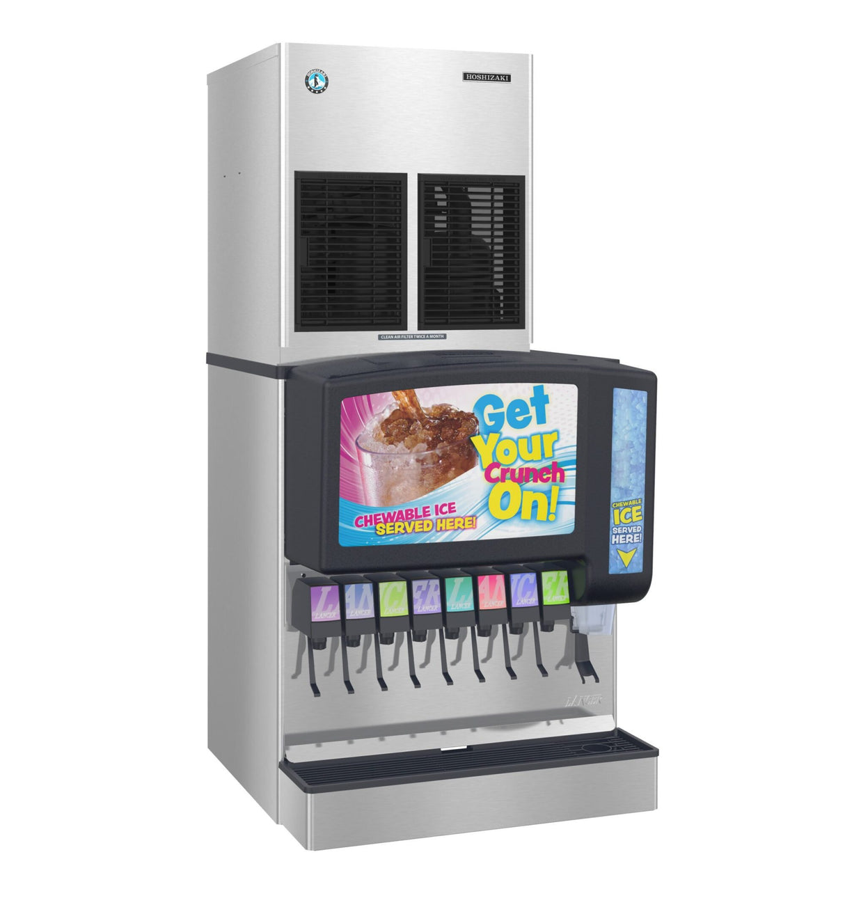 A commercial Hoshizaki soda fountain machine with eight drink dispensers and a large ice chute. The front displays a sign: Get Your Crunch On! Chewable Ice Served Here! This silver and black cubelet ice machine features colorful drink labels.