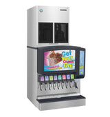 A commercial Hoshizaki soda fountain machine with eight drink dispensers and a large ice chute. The front displays a sign: Get Your Crunch On! Chewable Ice Served Here! This silver and black cubelet ice machine features colorful drink labels.