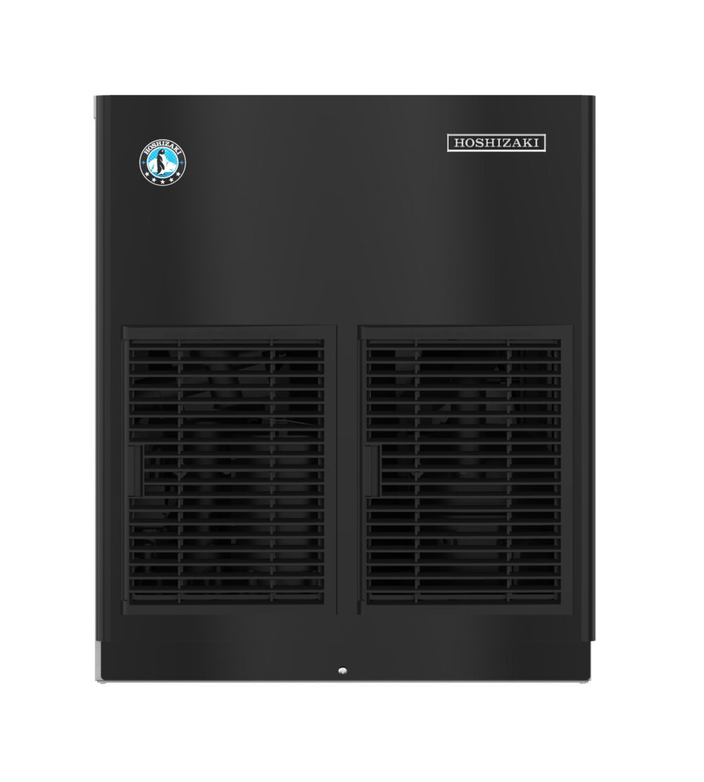 A black Hoshizaki cubelet ice machine with two large vented panels on the front, a circular blue certification badge on the upper left, and the Hoshizaki logo on the upper right. This remote air-cooled Ice Maker features a sleek, modern design with smooth sides.