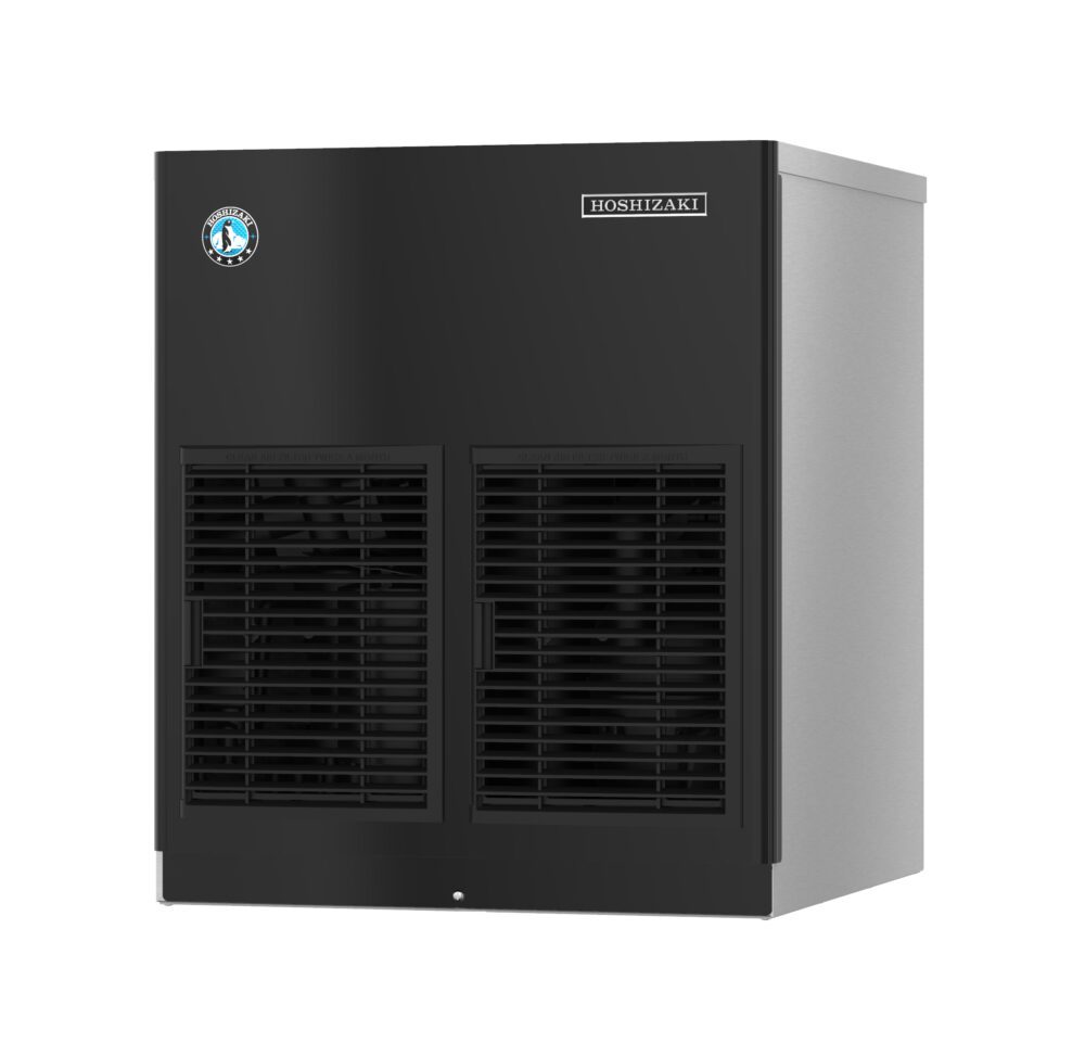 A black and silver Hoshizaki remote air-cooled Ice Maker with two front vents, a small blue and white logo on the upper left, and the Hoshizaki brand label on the upper right. The cubelet ice machine design is rectangular and industrial.