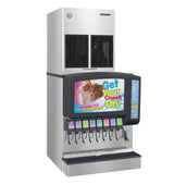 A commercial Hoshizaki soda fountain machine with eight drink dispensers, an ice chute for Cubelet Ice, and a large sign that reads “Get Your Crunch On! Chewable Ice Served Here.” The silver and black machine features colorful beverage buttons.
