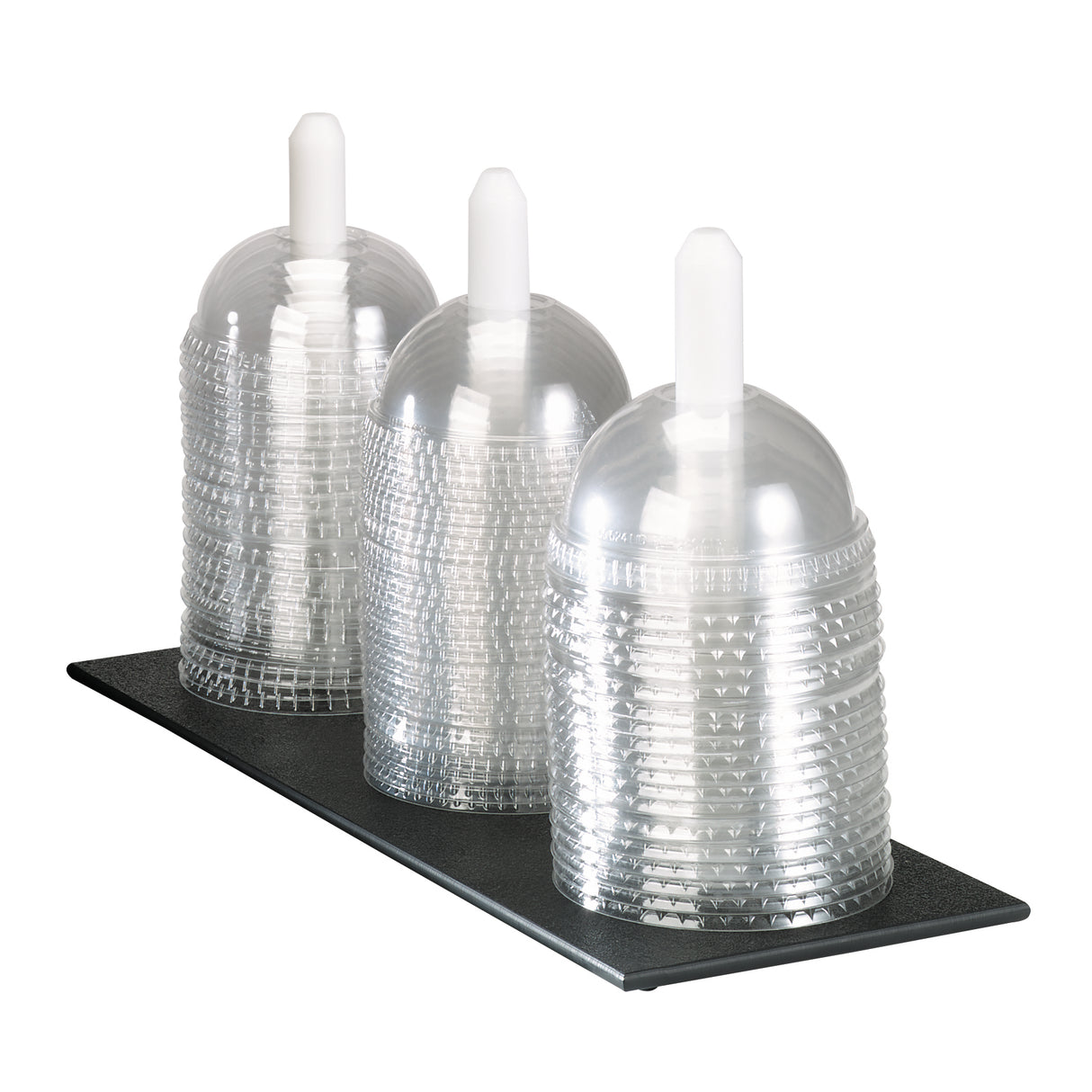 Three stacks of clear polystyrene drink cups with dome lids are arranged vertically on a black tray. Each stack has a white cylindrical rod through the center, keeping the Dome Lid Organizer setup neat and tidy on the countertop.