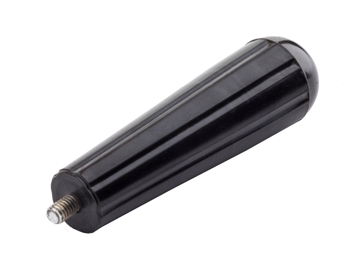 A black, tapered cylindrical replacement handle with a shiny surface, featuring a threaded metal stud protruding from one end. The other end is rounded and smooth. The handle is photographed against a plain white background.