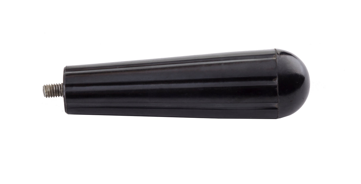 A black, ridged, cylindrical replacement handle with a rounded end and a metal screw protruding from the other end. The object is isolated on a white background and is dishwasher safe.