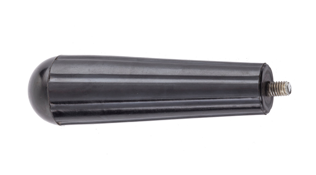 A black, cylindrical, ribbed plastic replacement handle with a rounded end and an exposed metal screw thread on the opposite end, isolated on a white background.