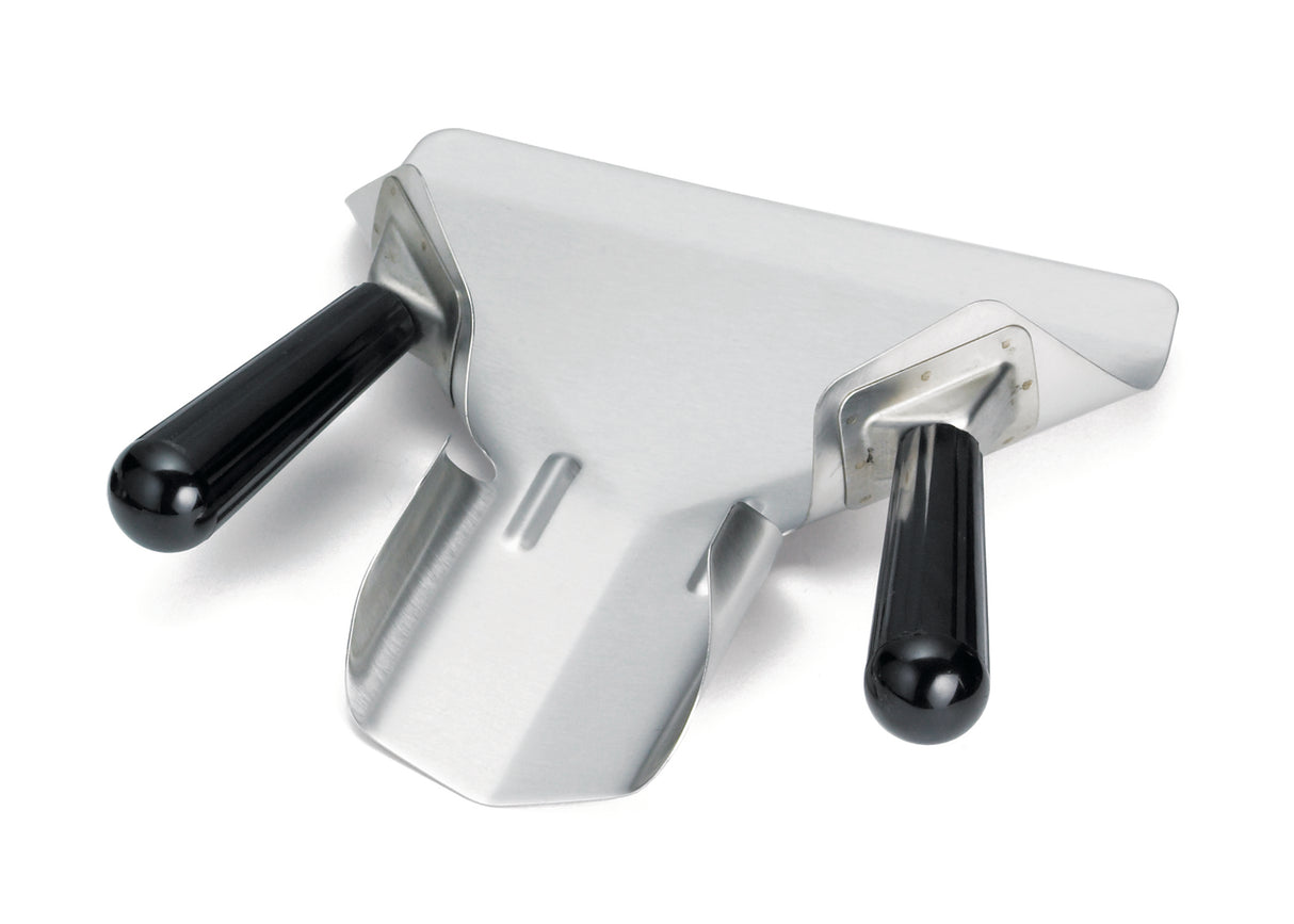 A dual handle stainless steel pizza dough scraper with two black plastic handles and a wide, flat blade is perfect for lifting or dividing dough—and its angled, gently curved edge also works well as a French fry scoop.