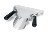 A dual handle stainless steel pizza dough scraper with two black plastic handles and a wide, flat blade is perfect for lifting or dividing dough—and its angled, gently curved edge also works well as a French fry scoop.
