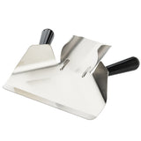 A stainless steel dough scraper with dual handles on either side. The wide, flat, slightly curved blade is perfect for scooping or dividing dough and can also be used as a French fry scoop. Angled handles ensure comfort and control.