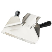 A stainless steel dough scraper with dual handles on either side. The wide, flat, slightly curved blade is perfect for scooping or dividing dough and can also be used as a French fry scoop. Angled handles ensure comfort and control.