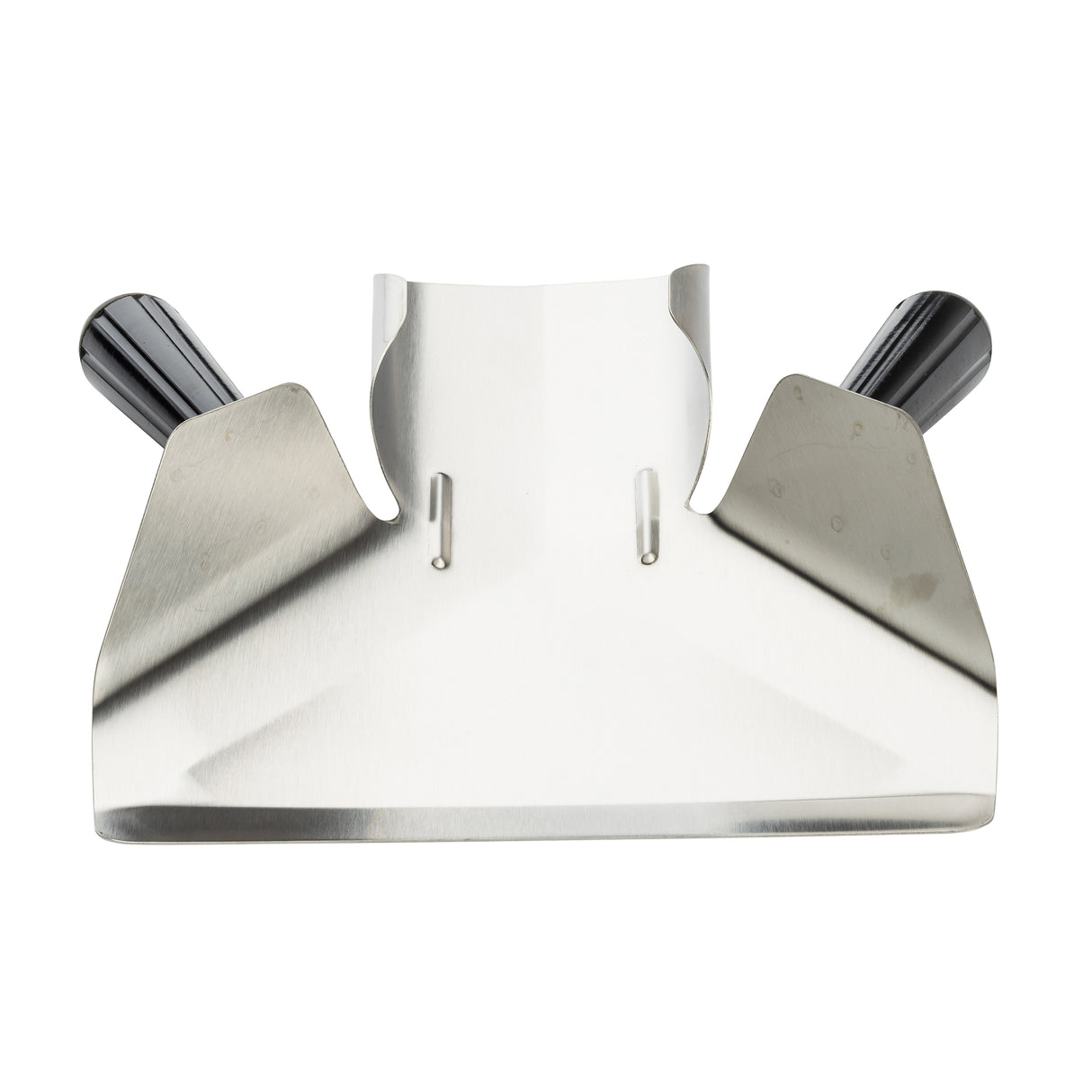 A stainless steel dough scraper with a wide, flat blade and dual handles on each side. Its shiny, reflective surface is perfect for efficiently moving and dividing dough or ingredients—also ideal as a French fry scoop in the kitchen.