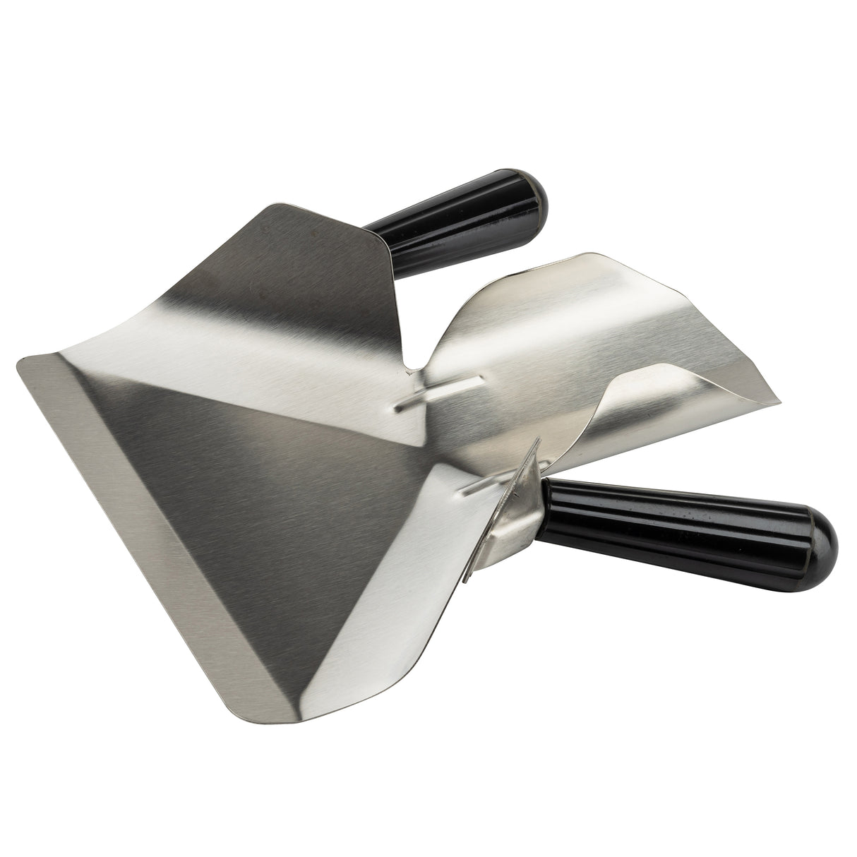A stainless steel dough scraper with dual handles, angled for comfort. Its wide, flat metal blade is perfect for lifting, transferring, or dividing dough—ideal for baking, pizza prep, or even use as a French fry scoop in the kitchen.