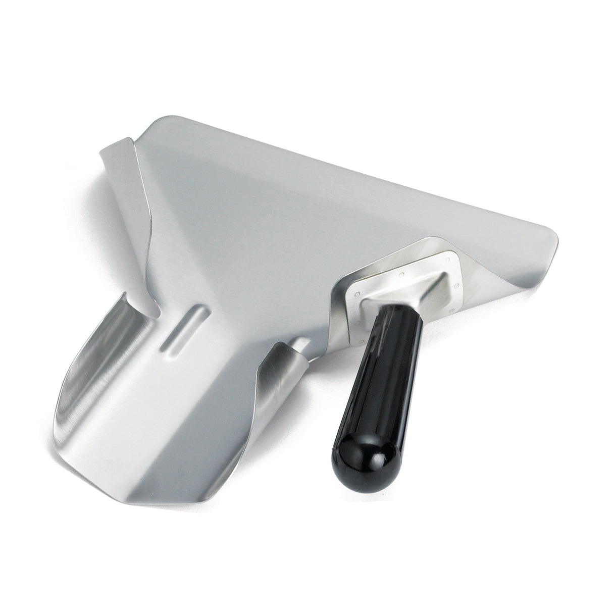 A metal dustpan with a flat, wide stainless steel scoop and a black handle. Slightly raised sides and an angled front edge make sweeping easy. The simple, utilitarian design is durable and dishwasher safe for convenient cleaning.