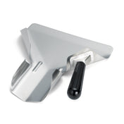 A metal dustpan with a flat, wide stainless steel scoop and a black handle. Slightly raised sides and an angled front edge make sweeping easy. The simple, utilitarian design is durable and dishwasher safe for convenient cleaning.