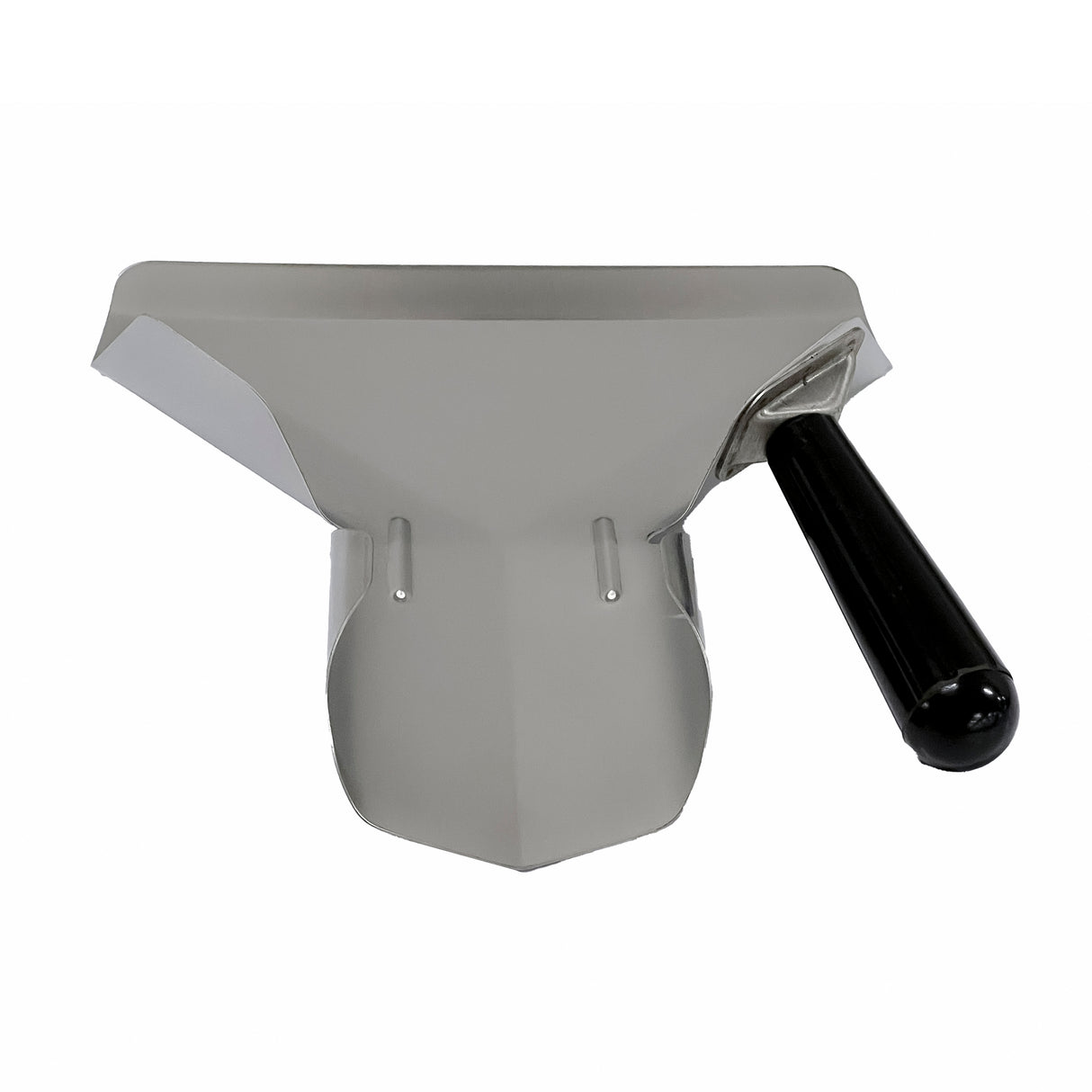A shiny stainless steel dustpan with an angled black plastic handle attached to one side. The dustpan has a wide, flat mouth for collecting debris and a pointed front edge. The background is plain white. Dishwasher safe for easy cleaning.